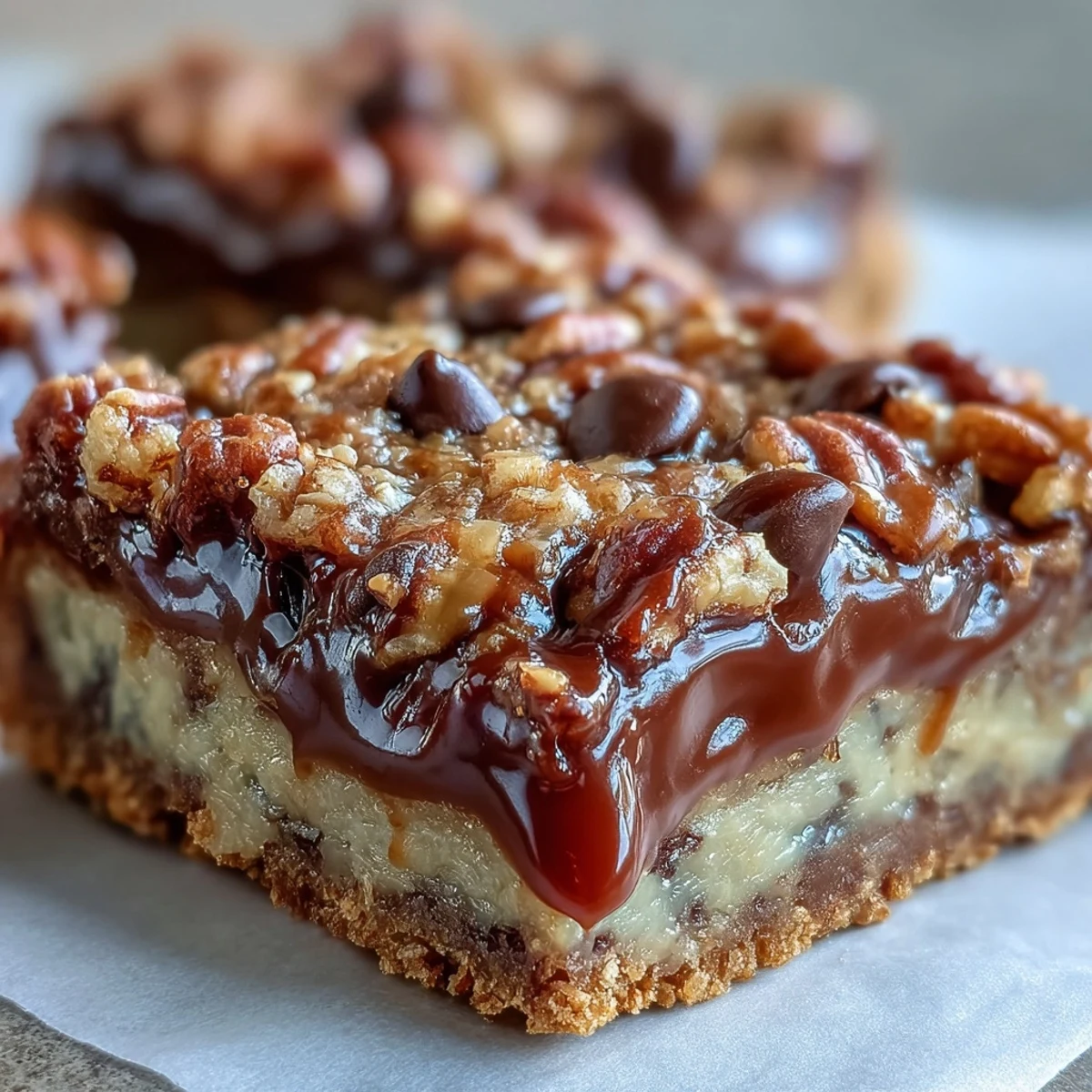 Freshly baked Decadent Sweet and Chewy Turtle Bars stacked on a plate, ready to serve with milk.