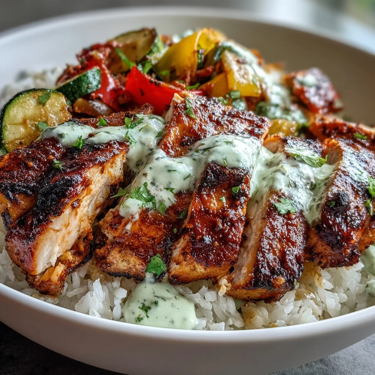 Top-down view of a homemade Blackened Chicken Bowl, showcasing perfectly cooked grains, tender spicy chicken slices, and charred vegetables ready for a satisfying meal.