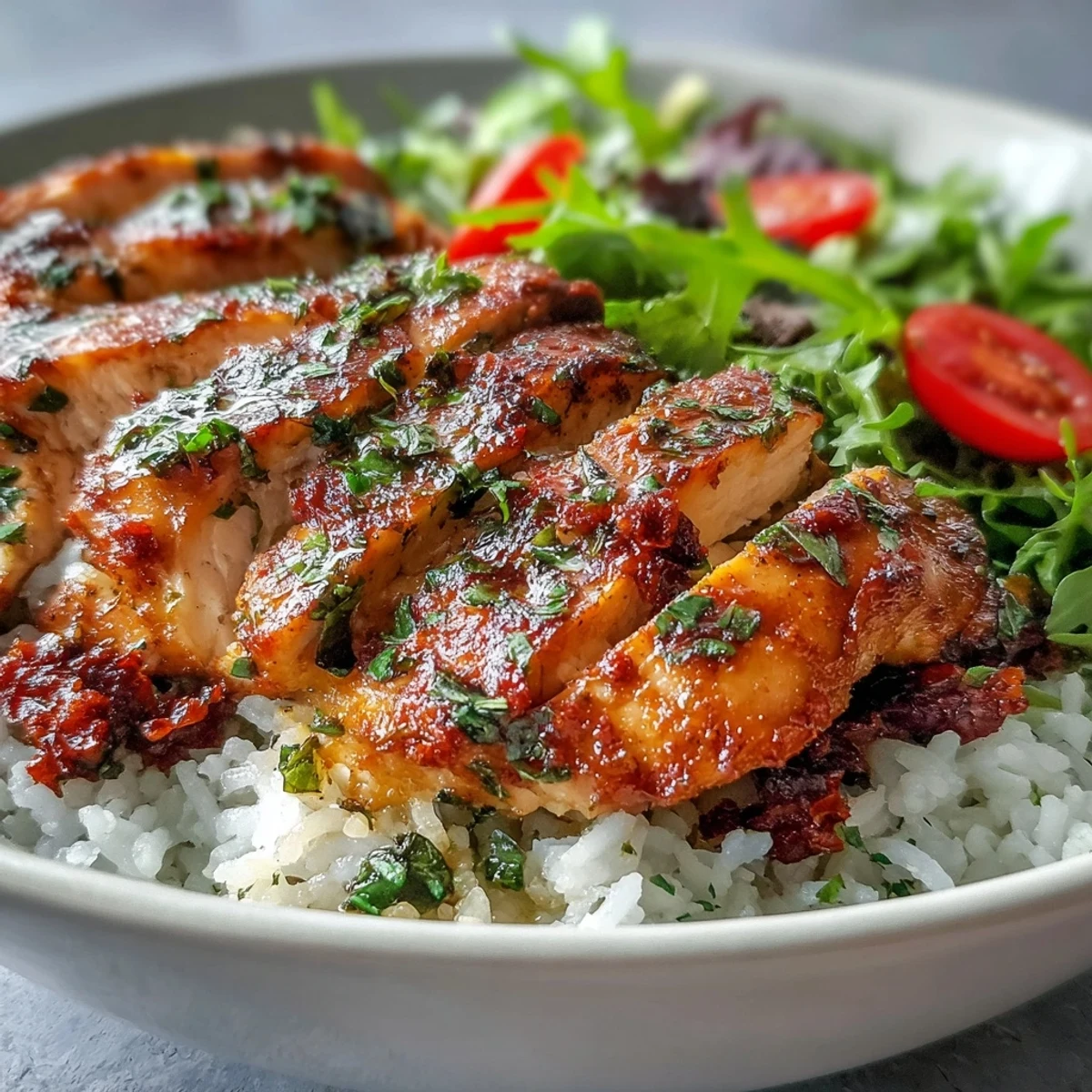 A close-up view of a Mediterranean-inspired Sun-Dried Tomato Chicken Bowl, featuring golden grilled chicken slices on white rice with arugula.