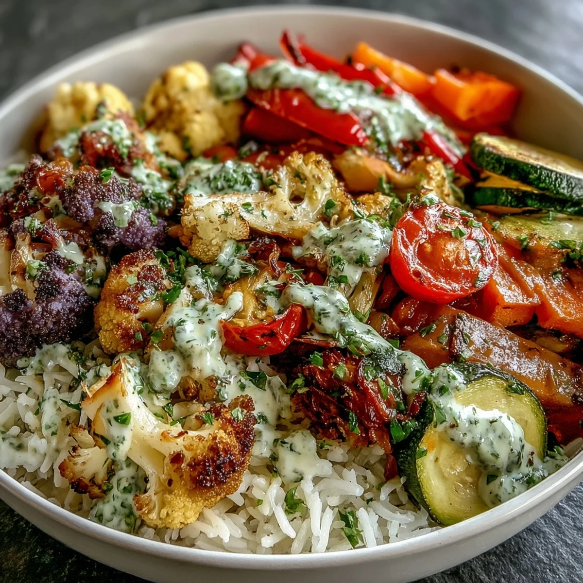 Brightly colored roasted vegetables like red bell pepper, yellow squash, and purple cauliflower sit atop fluffy brown rice in a bowl, finished with a vibrant green herb sauce.
