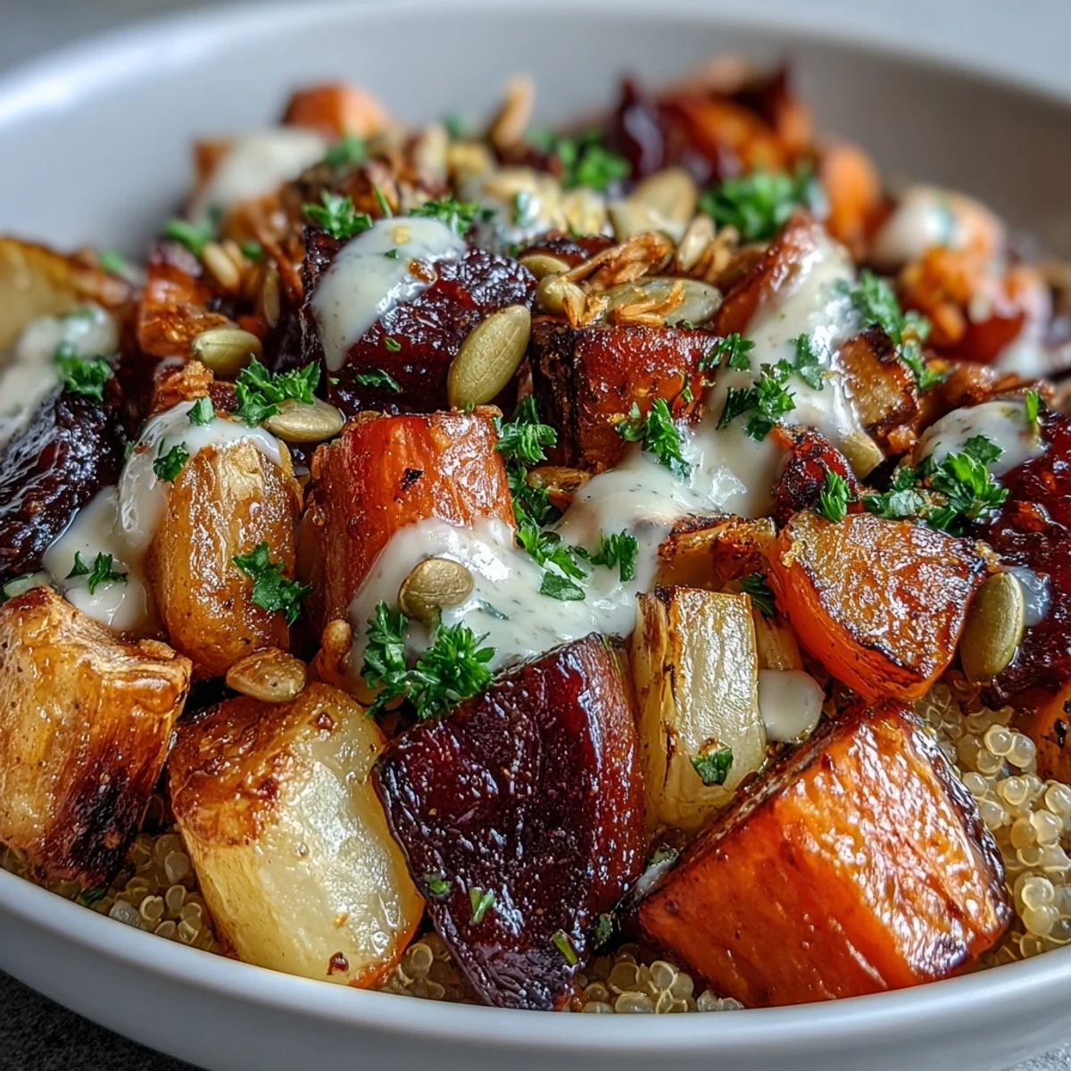 A close-up of a wholesome Roasted Root Vegetable Bowl showcases caramelized root vegetables with tender beets and carrots, nestled on steamed quinoa and finished with a luscious tahini drizzle and crunchy seeds for texture.