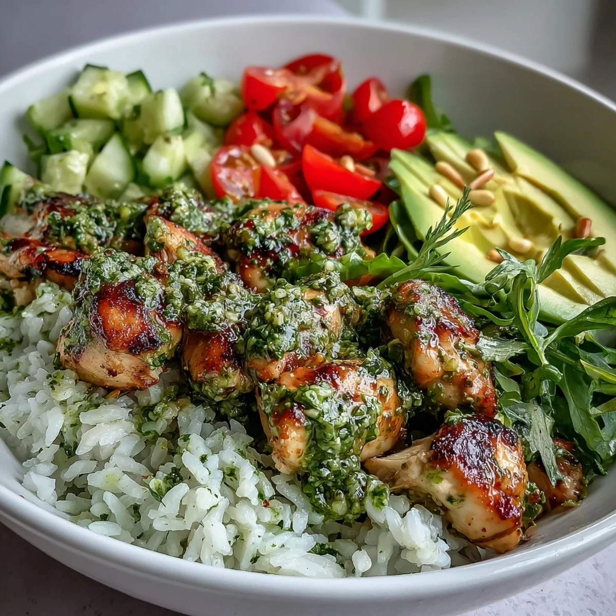 Enjoy a nourishing Pesto Chicken Bowl, layered with aromatic pesto chicken, rice, spinach, tomatoes, and cucumber for a complete, gluten-free meal.