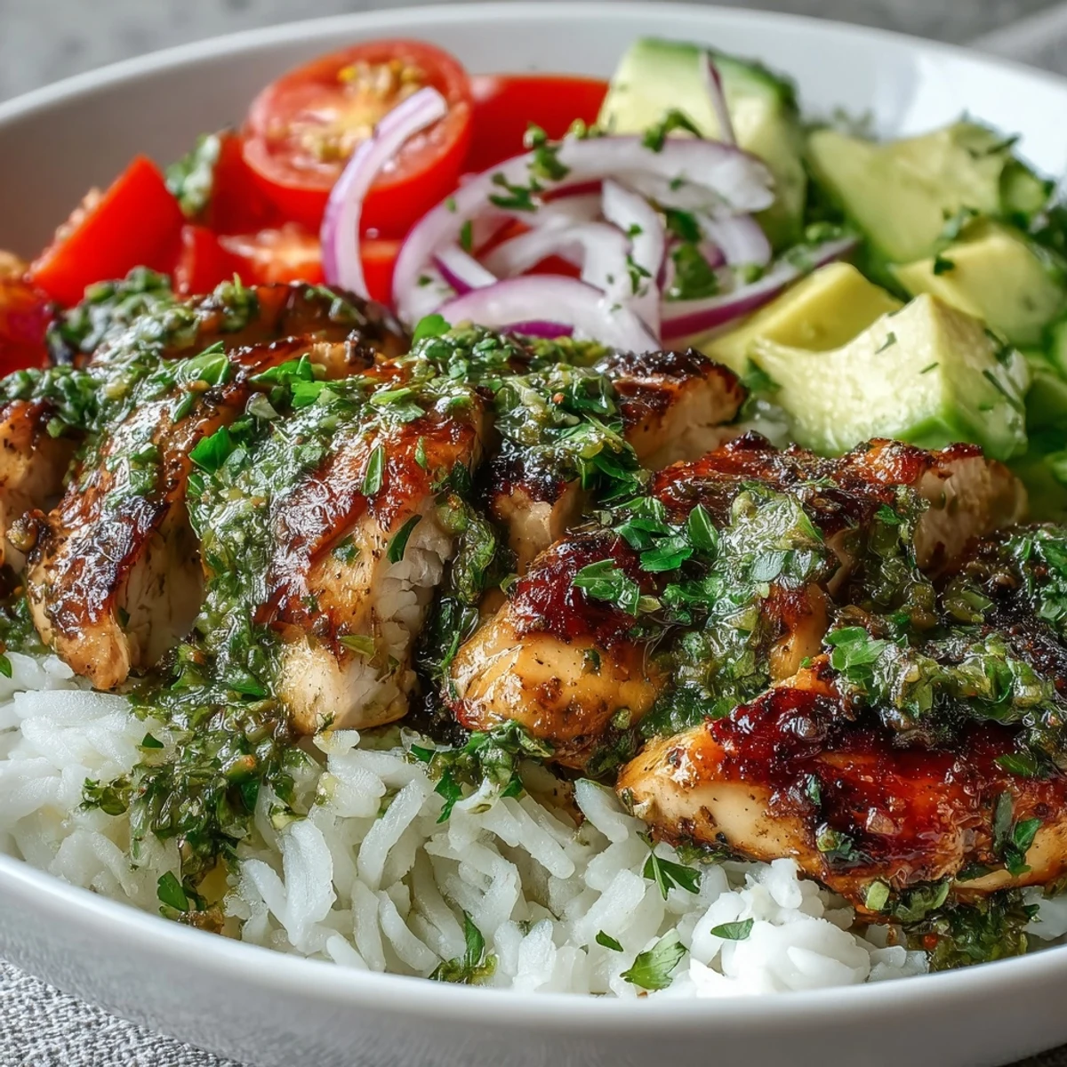 A close-up view of chimichurri chicken bowls with fresh cherry tomatoes, cucumber, and zesty herb drizzle.