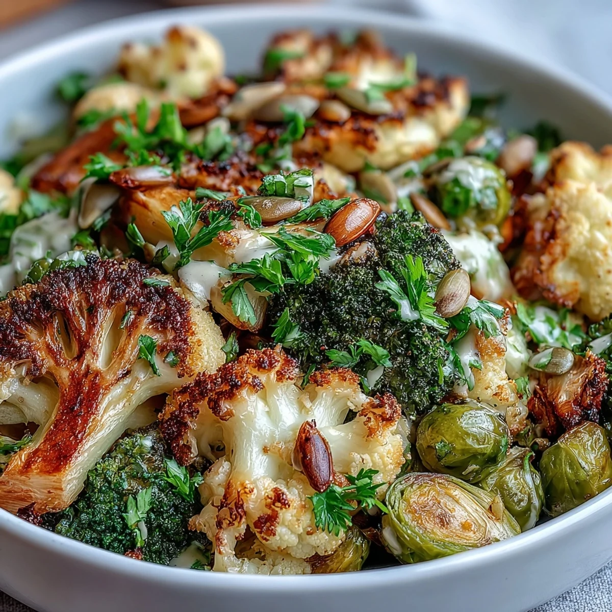 Vibrant Roasted Brassica Bowl served warm with toasted pumpkin seeds and creamy sesame dressing.