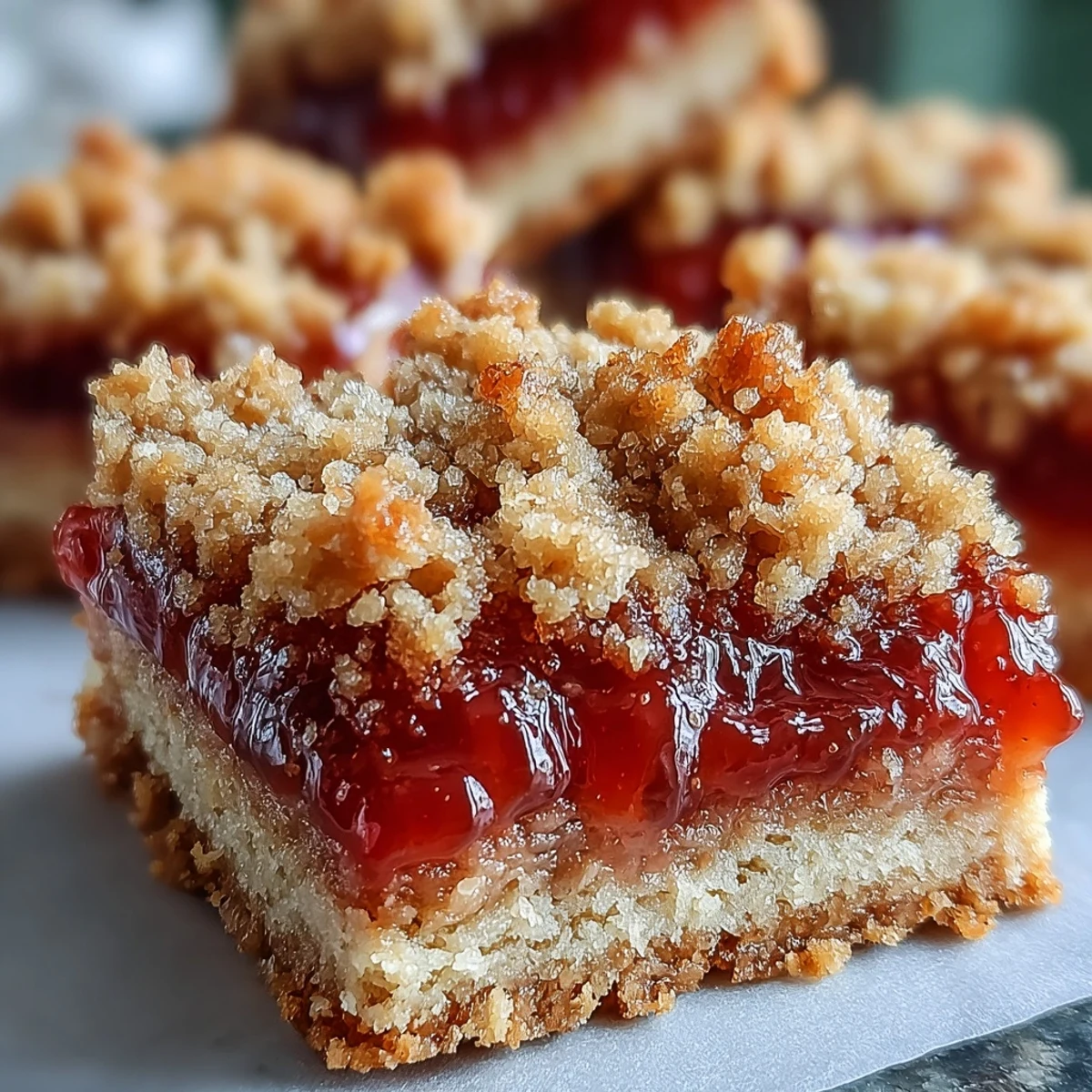 Freshly baked Guava Jam Bars with a golden crumble topping and vibrant pink tropical filling.