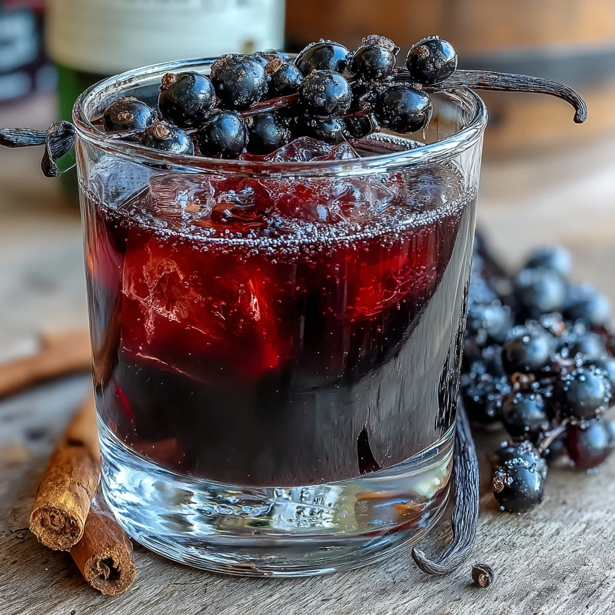 A clear glass jar shows Jamaican rum infused with fresh blackcurrants and a cinnamon stick for a deep ruby homemade liqueur.