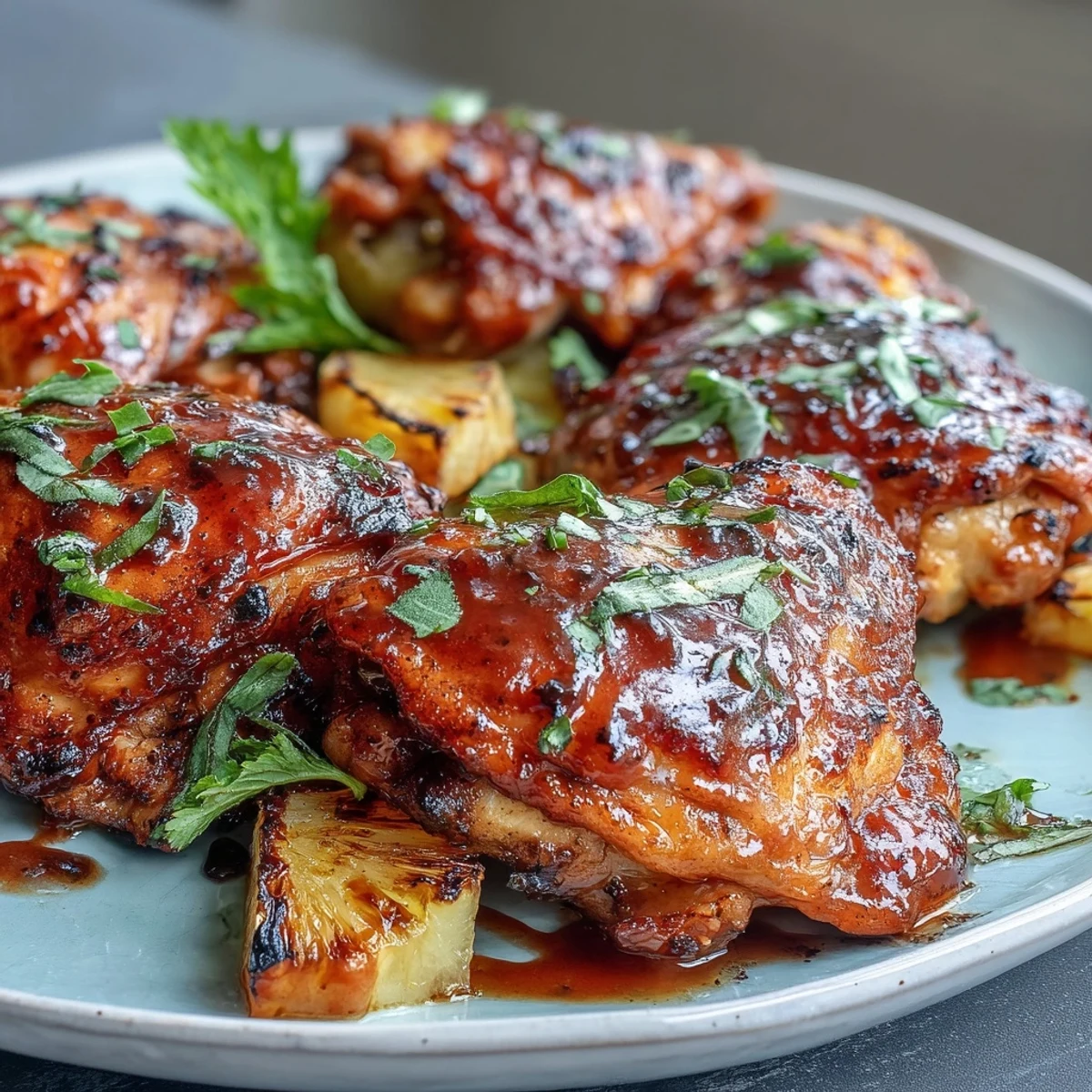 Golden-brown roasted chicken thighs brushed with glossy guava BBQ sauce, caramelized edges glistening under warm kitchen light.