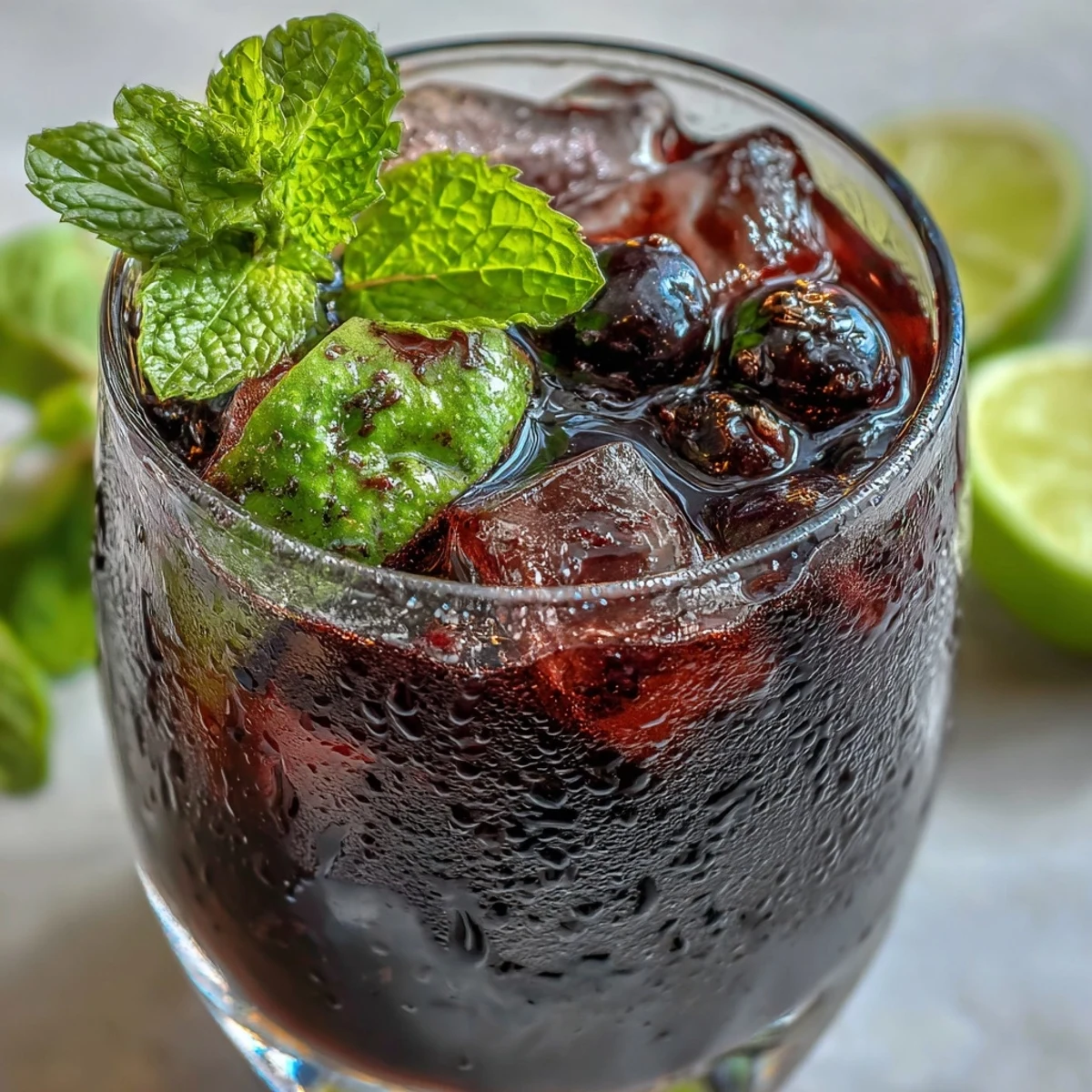 Homemade blackcurrant syrup being poured into a glass for Tangy Blackcurrant Mojito, swirling into white rum for a tart, fruity cocktail.