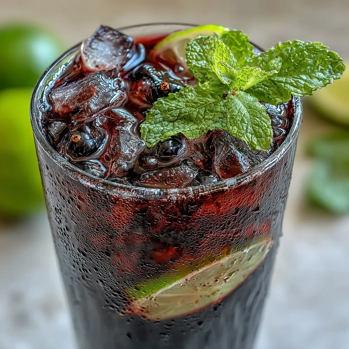 Vegan Tangy Blackcurrant Mojito served over ice with muddled lime wedges and mint leaves, offering a refreshing, deep purple beverage.