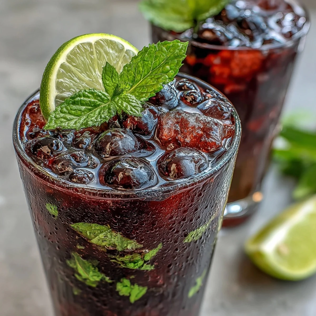 A vibrant Black Currant Mojito cocktail in a highball glass, filled with crushed ice, muddled mint leaves, and a splash of soda water.