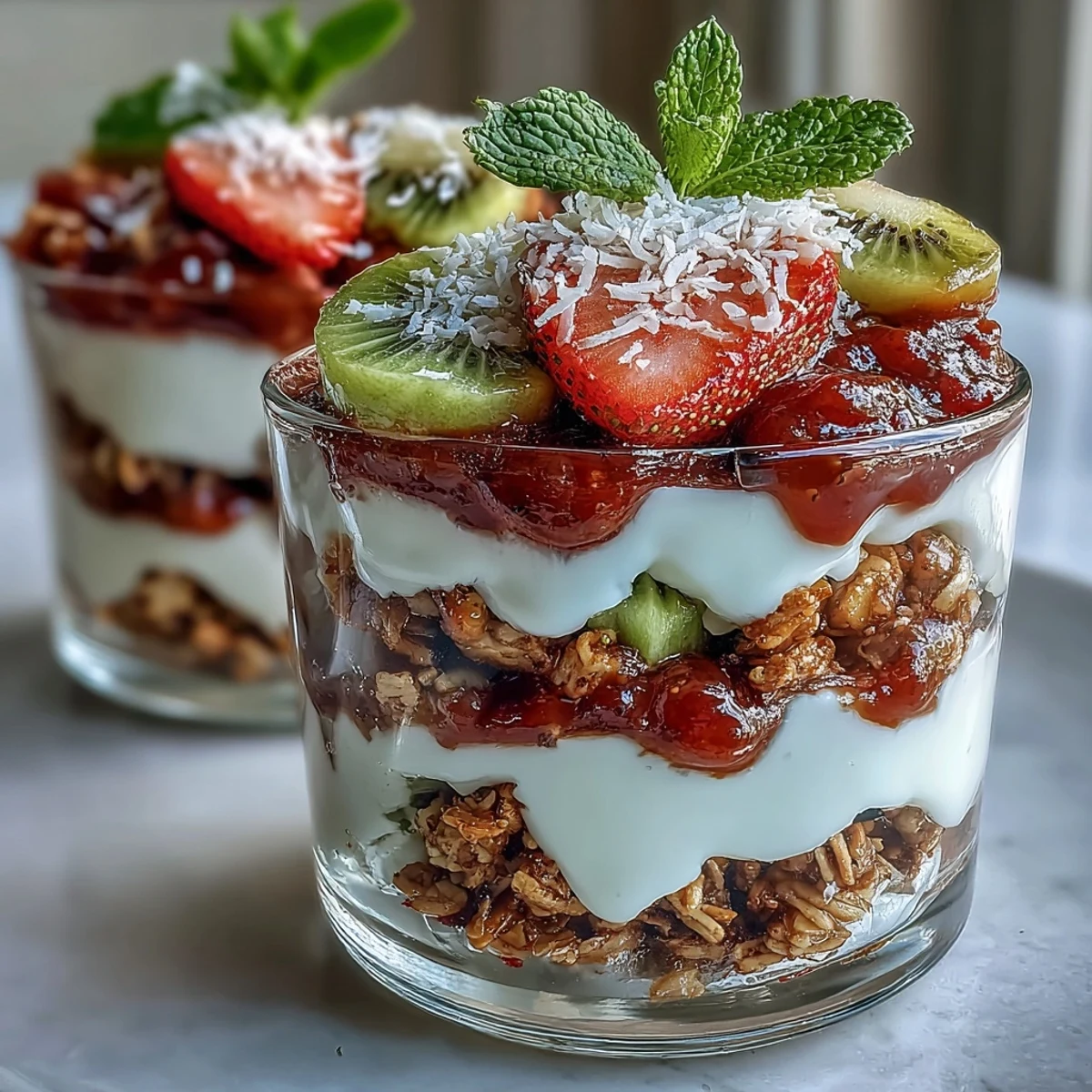 Crisp granola layered with sweet guava preserves and creamy Greek yogurt in a clear glass.