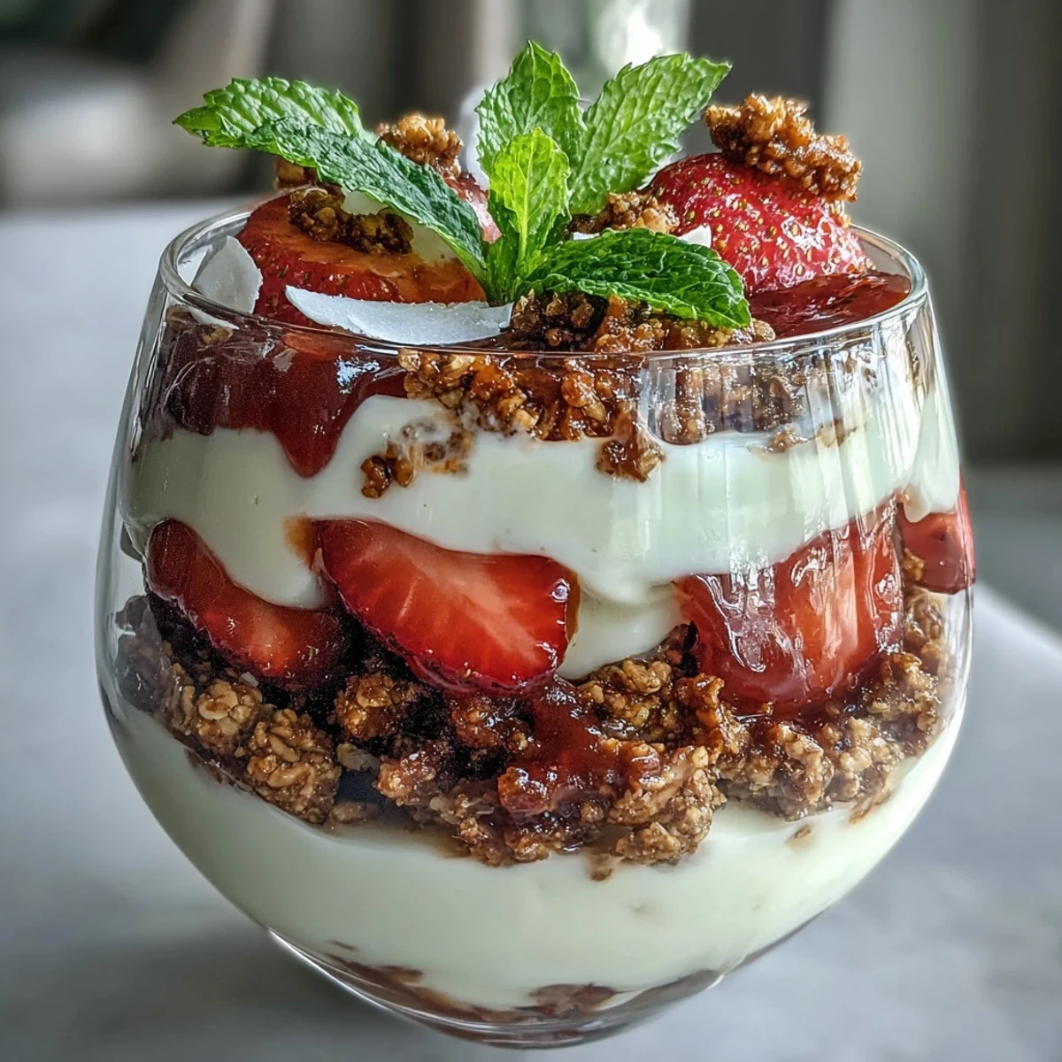 Fresh strawberries and kiwi add vibrant color and juicy texture to the parfait.