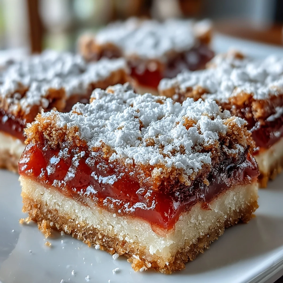 Homemade Earl Grey Tea, Guava, and Lemon Bars are neatly cut and dusted with powdered sugar on a rustic wooden board.