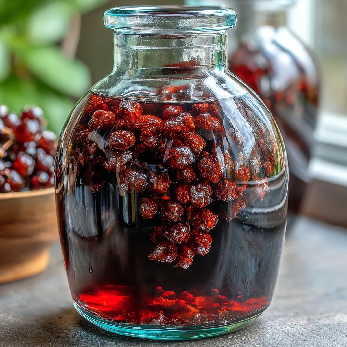 Close-up of homemade Blackcurrant Vodka Liqueur steeping in a jar, showing berry infusion next to vodka and sugar.