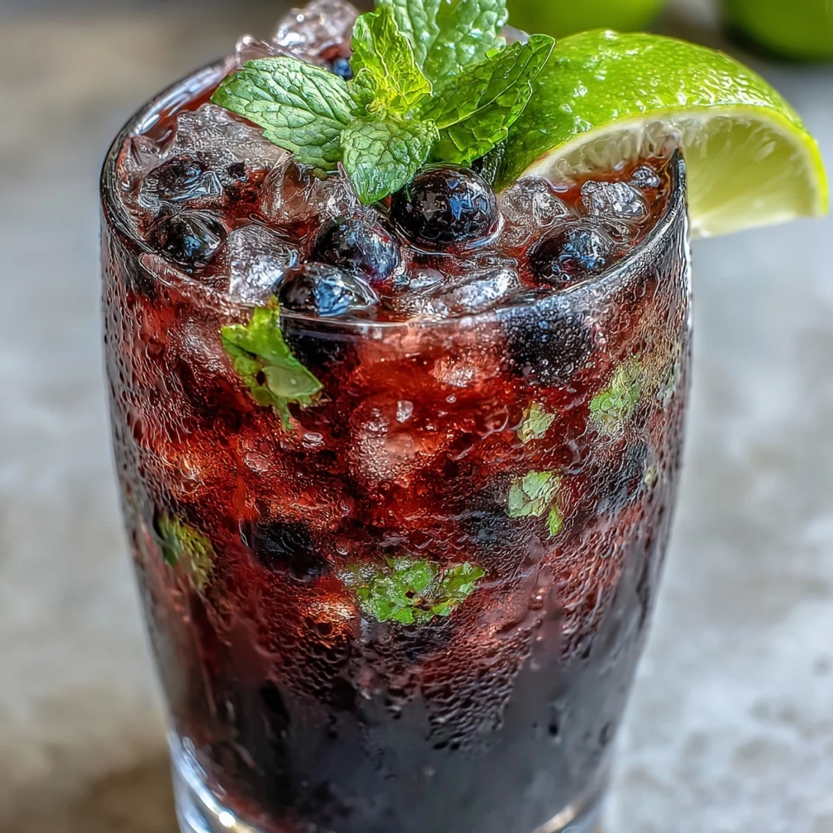 A chilled glass of Black Currant Mojito with fresh mint leaves, lime wedges, and crushed ice, garnished with juicy black currants and a vibrant purple hue.