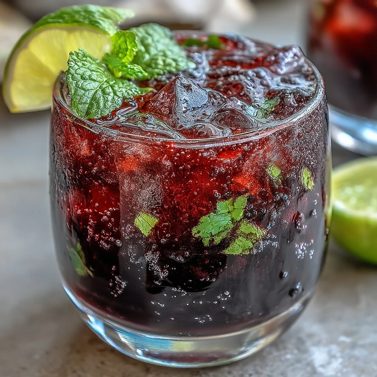 An overhead view of a single serving Black Currant Mojito in a sturdy glass, garnished with fresh berries and lime, ideal for a festive party beverage.