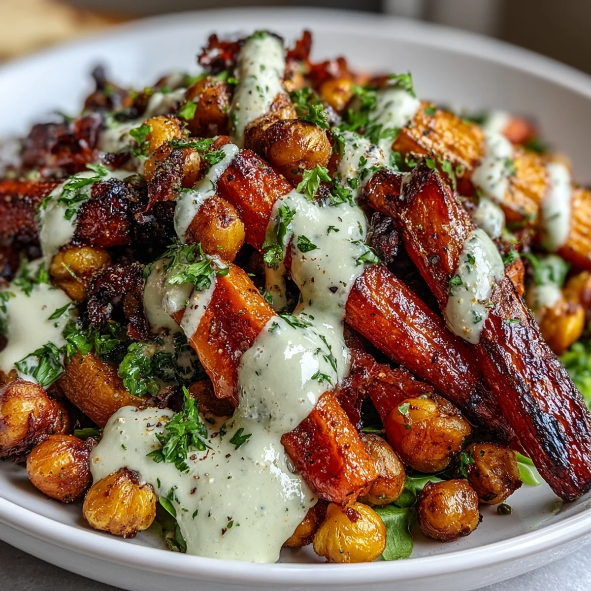 Creamy lemon-tahini dressing being drizzled over the warm One-Pan Roasted Carrot and Chickpea Bowl with herbs.
