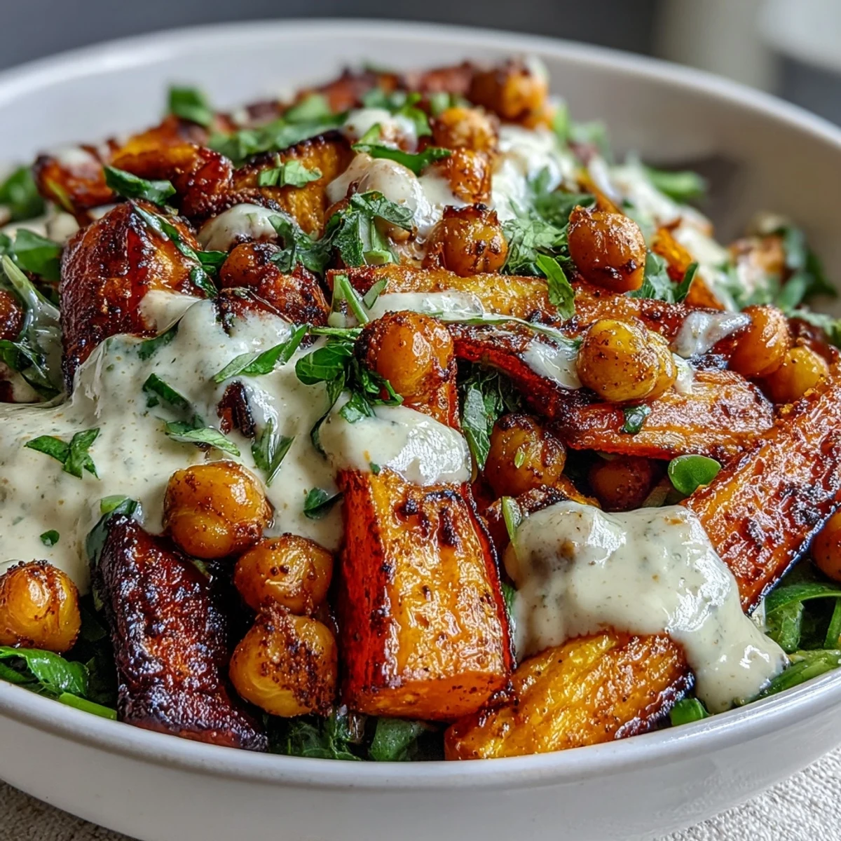 Vibrant, caramelized veggies and toasted chickpeas making up a wholesome One-Pan Roasted Carrot and Chickpea Bowl.