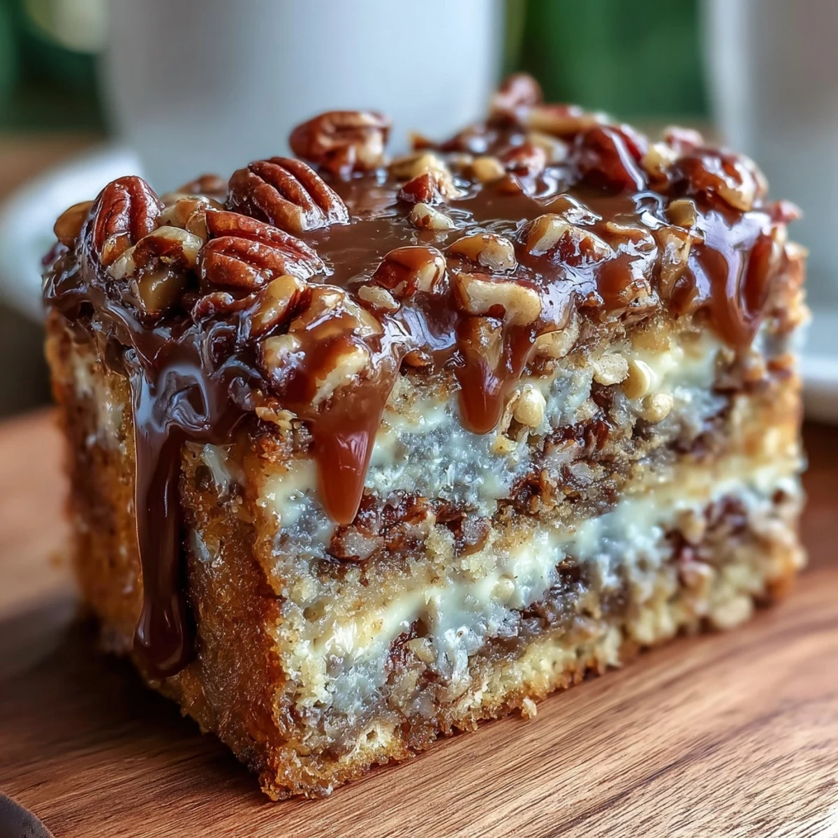 Moist slice of Christmas Toffee Crunch Cake topped with toffee crumble and chopped pecans.