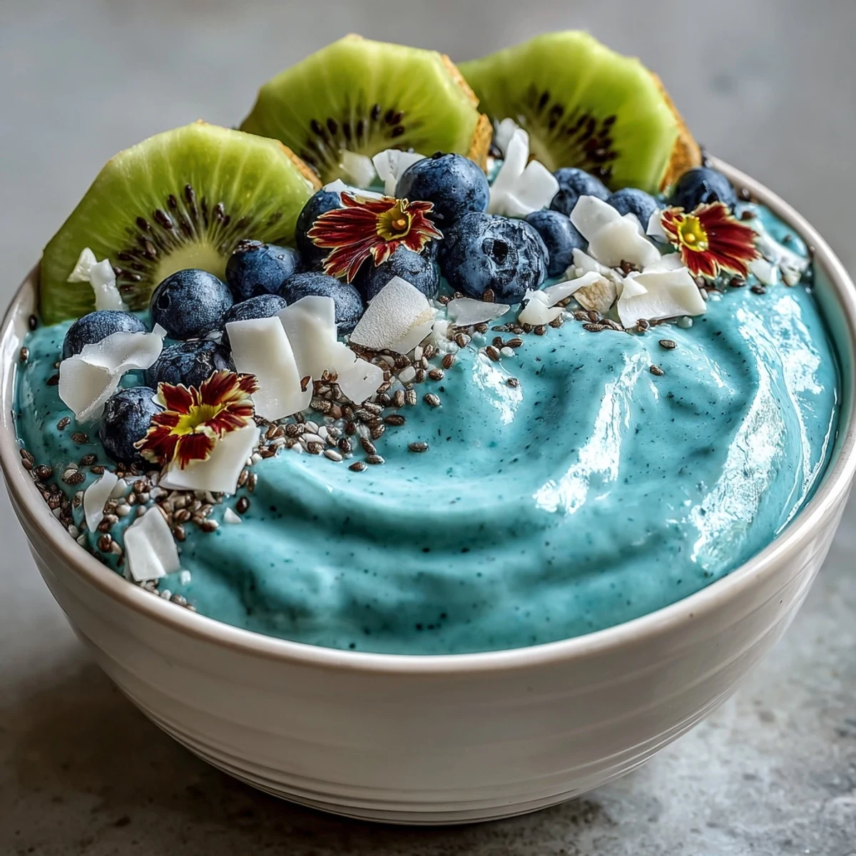 Two bowls of vibrant Whimsical Healthy Mermaid Smoothie Bowl topped with kiwi, blueberries, and dragon fruit.