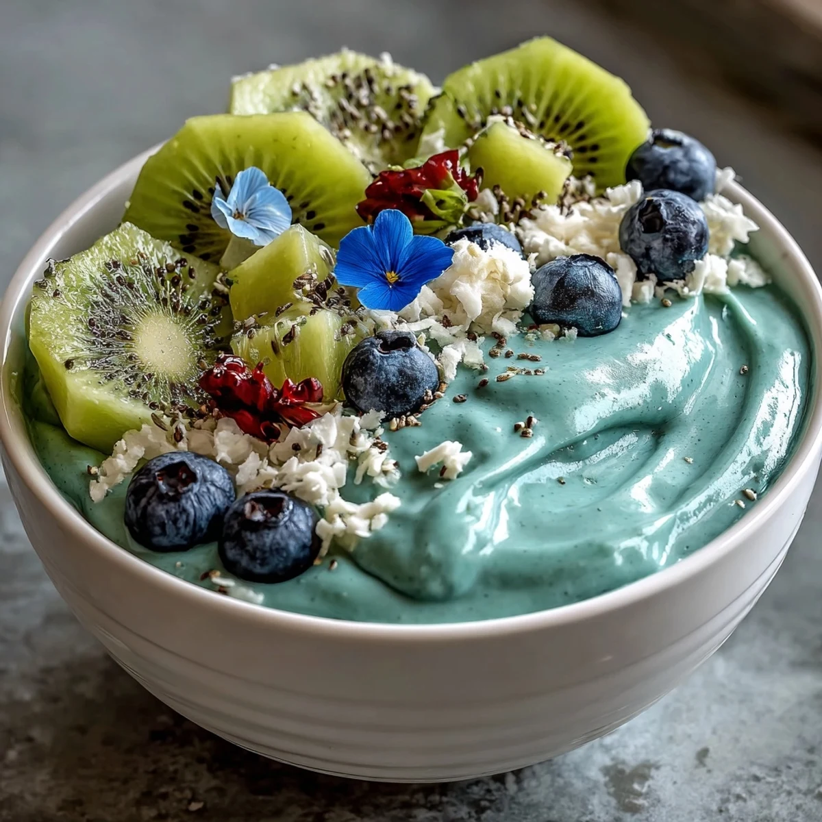 Spoon ready to dig into a creamy Whimsical Healthy Mermaid Smoothie Bowl with coconut flakes and tropical fruit.