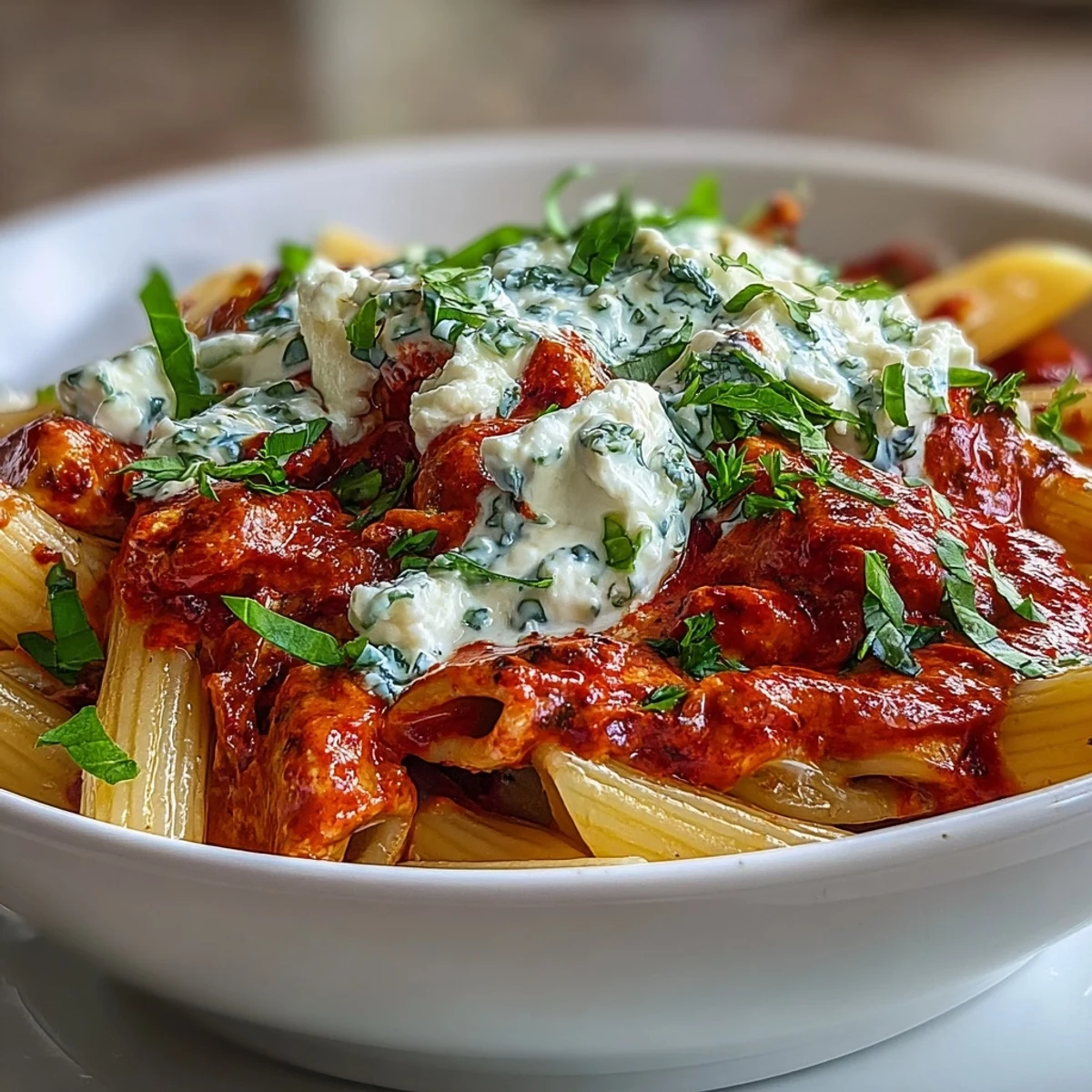 Creamy Red Pepper Pasta with Burrata & Herbs features glossy pasta coated in a vibrant orange sauce, topped with torn burrata and fresh basil leaves.