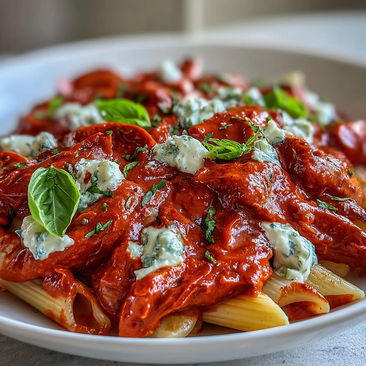 A warm skillet of Creamy Red Pepper Pasta with Burrata & Herbs shows velvety roasted red pepper sauce and a generous burrata crown.
