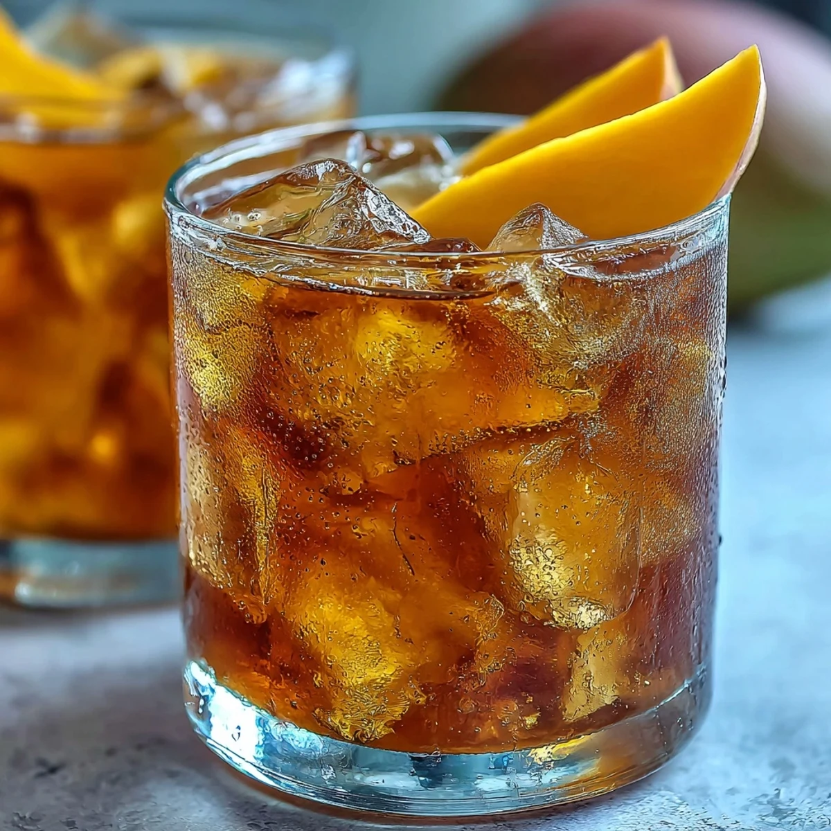 Freshly brewed black tea is mixed with a sweet mango puree in a glass pitcher, creating this vibrant Mango Iced Tea.