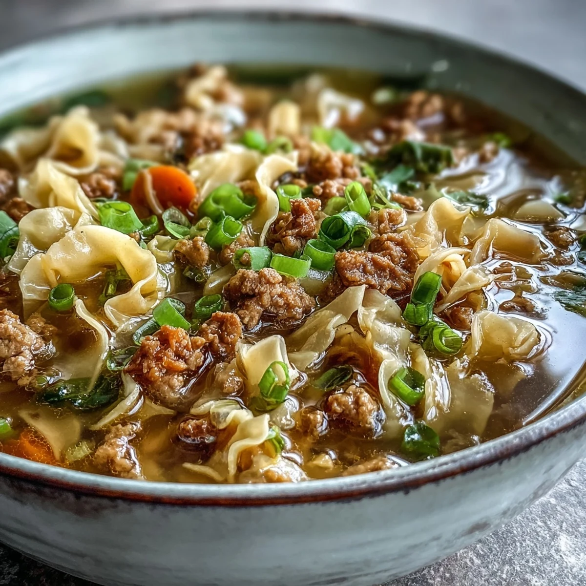 A warm bowl of One-Pot Egg Roll Soup with Green Onions and Ginger, garnished with fresh greens and a drizzle of sesame oil for a comforting meal.