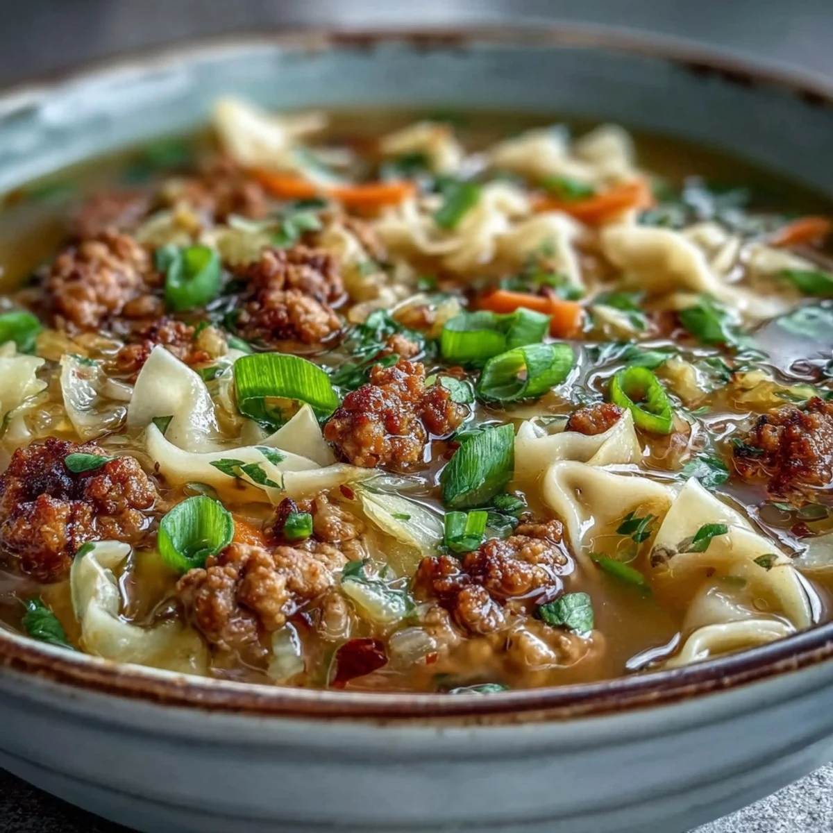 Close-up of One-Pot Egg Roll Soup with Green Onions and Ginger, showcasing tender ground pork, shredded cabbage, and carrots in a savory, steaming broth.
