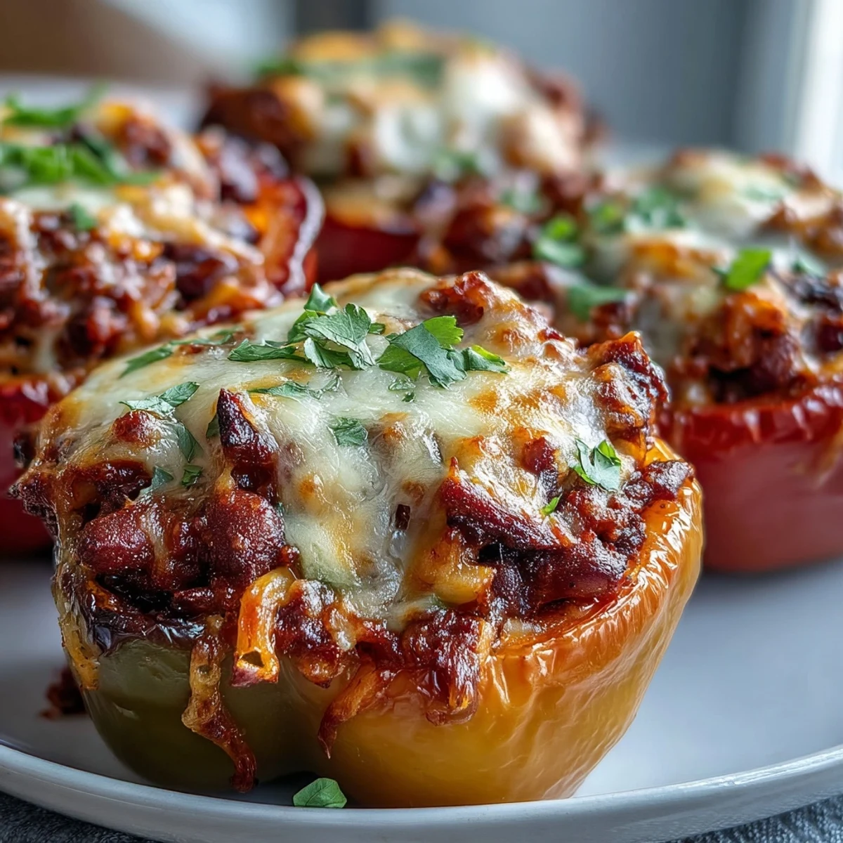 Golden-brown baked chili mac stuffed peppers filled with hearty beef, beans, and bubbling cheddar cheese.