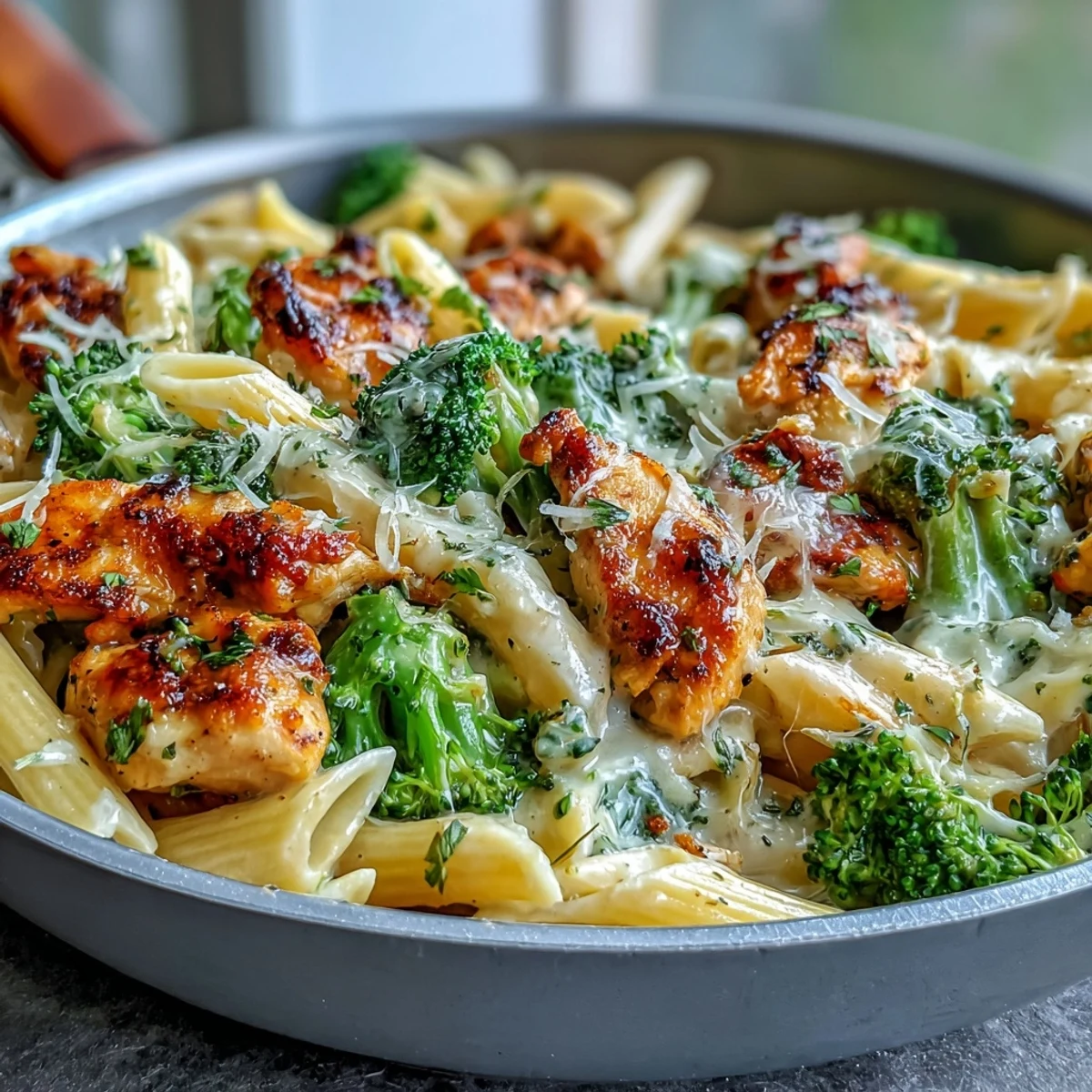 Creamy Garlic Parmesan Broccoli & Chicken Pasta in a skillet with tender chicken, bright broccoli florets, and rich, cheesy sauce.