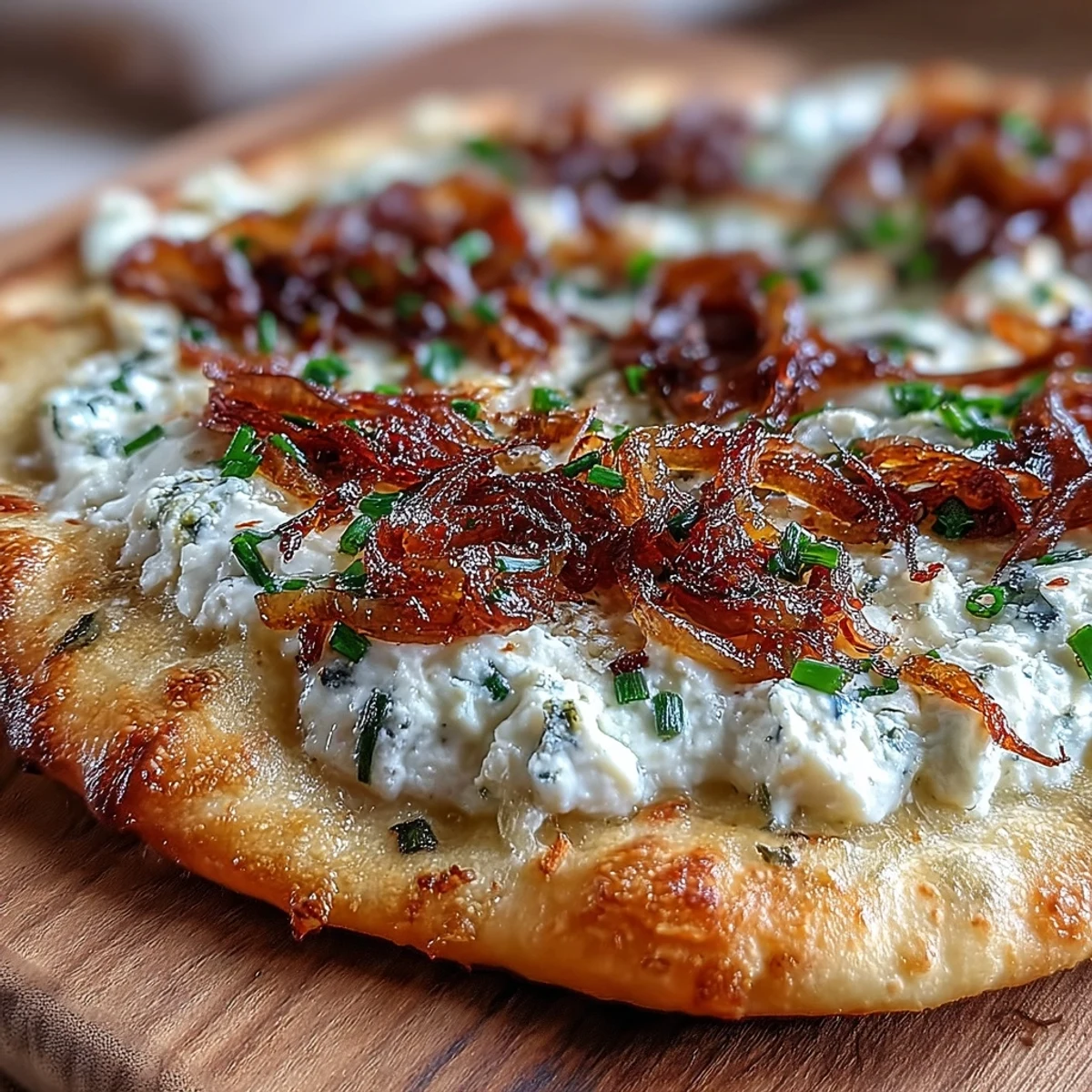Fresh-baked Goat Cheese & Caramelized Onion Flatbread topped with golden onions and glistening honey drizzle.