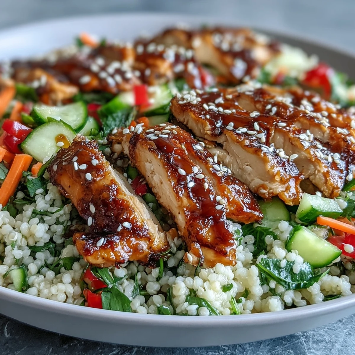 Golden-brown sliced chicken rests over pearl couscous and crisp veggies in a vibrant Sesame Ginger Chicken Couscous Bowl.