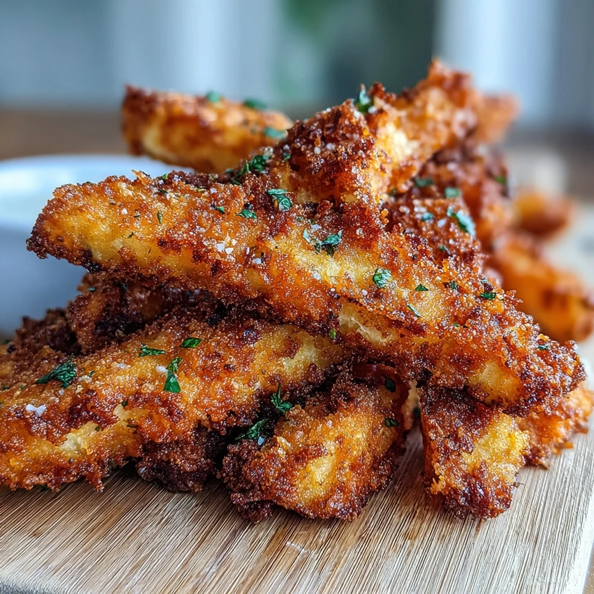 Oven-baked Crispy Baked Chicken Parmesan Fries feature a crunchy Panko crust and melted Parmesan topping.
