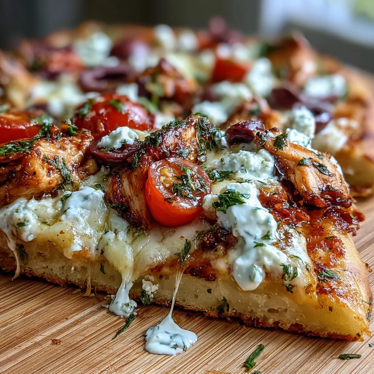 Golden-brown naan crust topped with lemon-marinated chicken, feta, Kalamata olives, cherry tomatoes, and red onion, finished with a cool tzatziki drizzle.