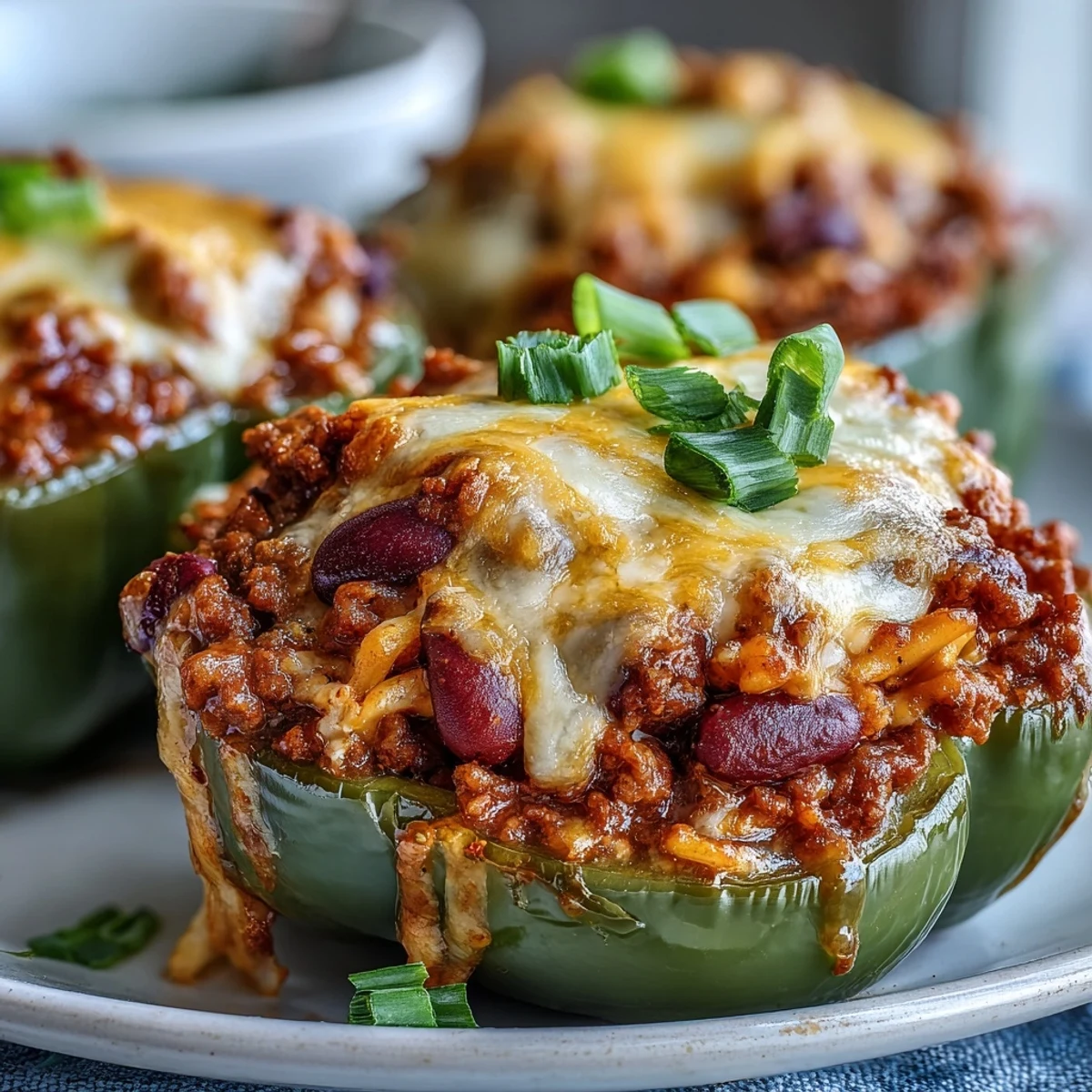 The tender bell pepper cups are filled with hearty chili mac and rich ground beef.