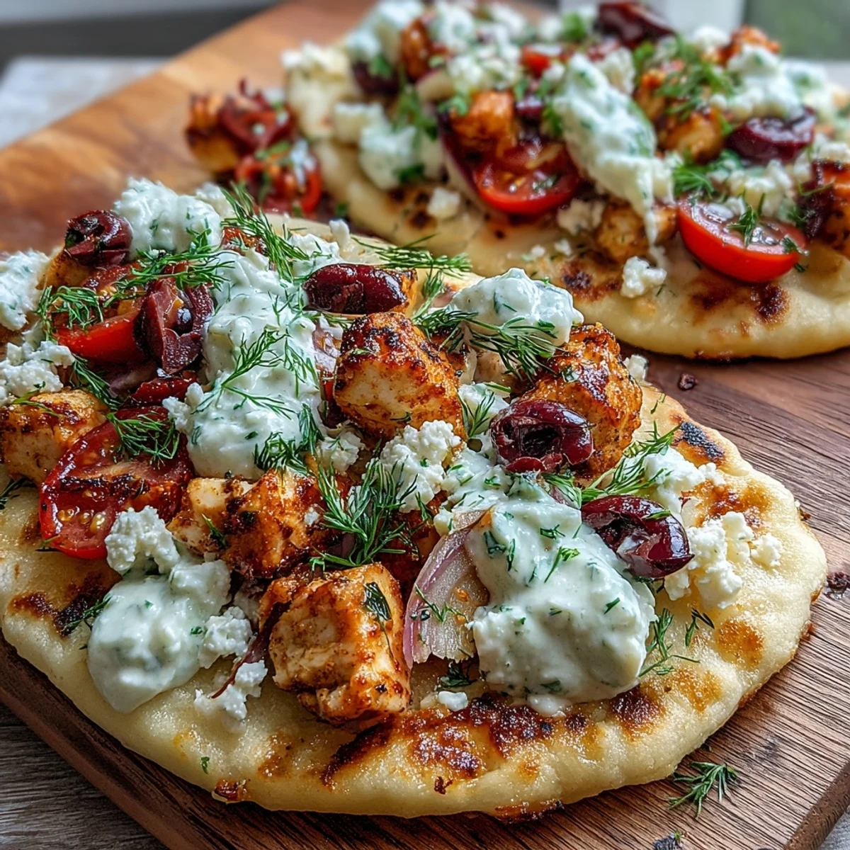 Freshly baked Lemon Feta Chicken Naan Pizza showcases golden melted cheese, sliced Kalamata olives, and tender chicken pieces on a rustic naan crust.