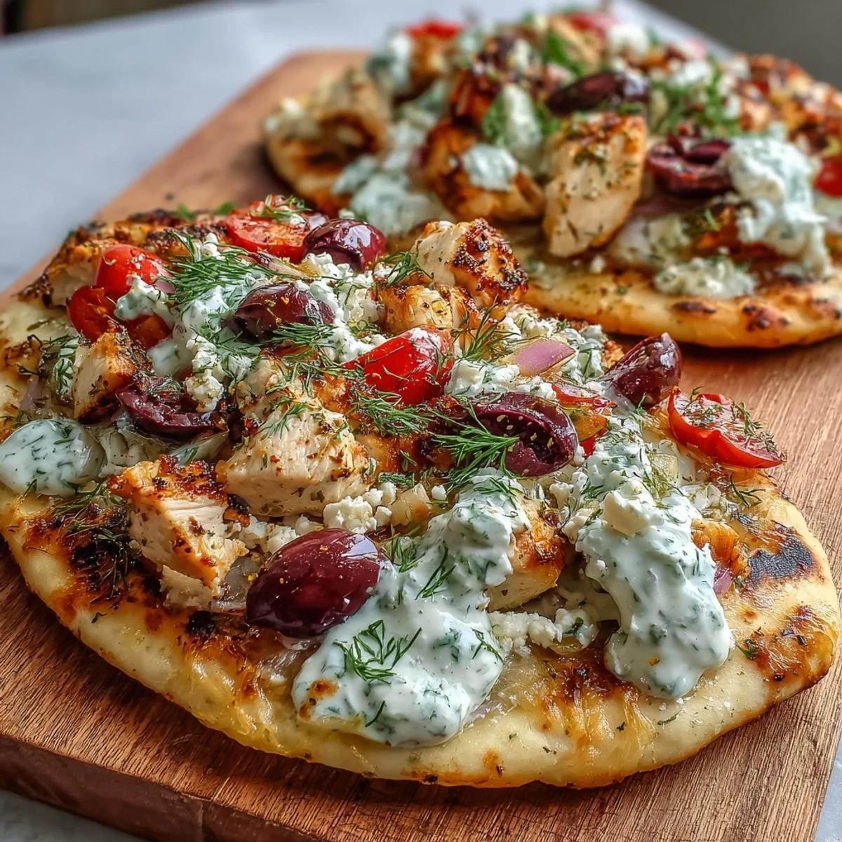 Close-up view of a vibrant Lemon Feta Chicken Naan Pizza, featuring a warm naan crust loaded with juicy chicken, feta, olives, and a creamy sauce.