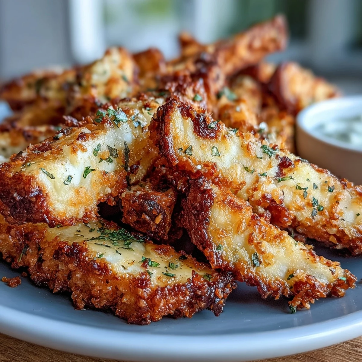 Freshly baked Crispy Baked Chicken Parmesan Fries served on a plate with creamy ranch dressing and a sprinkle of parsley garnish.