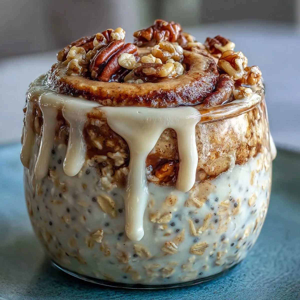 Stirred bowl of High-Protein Cinnamon Roll Overnight Oats with Greek yogurt and vanilla protein, ready to eat.