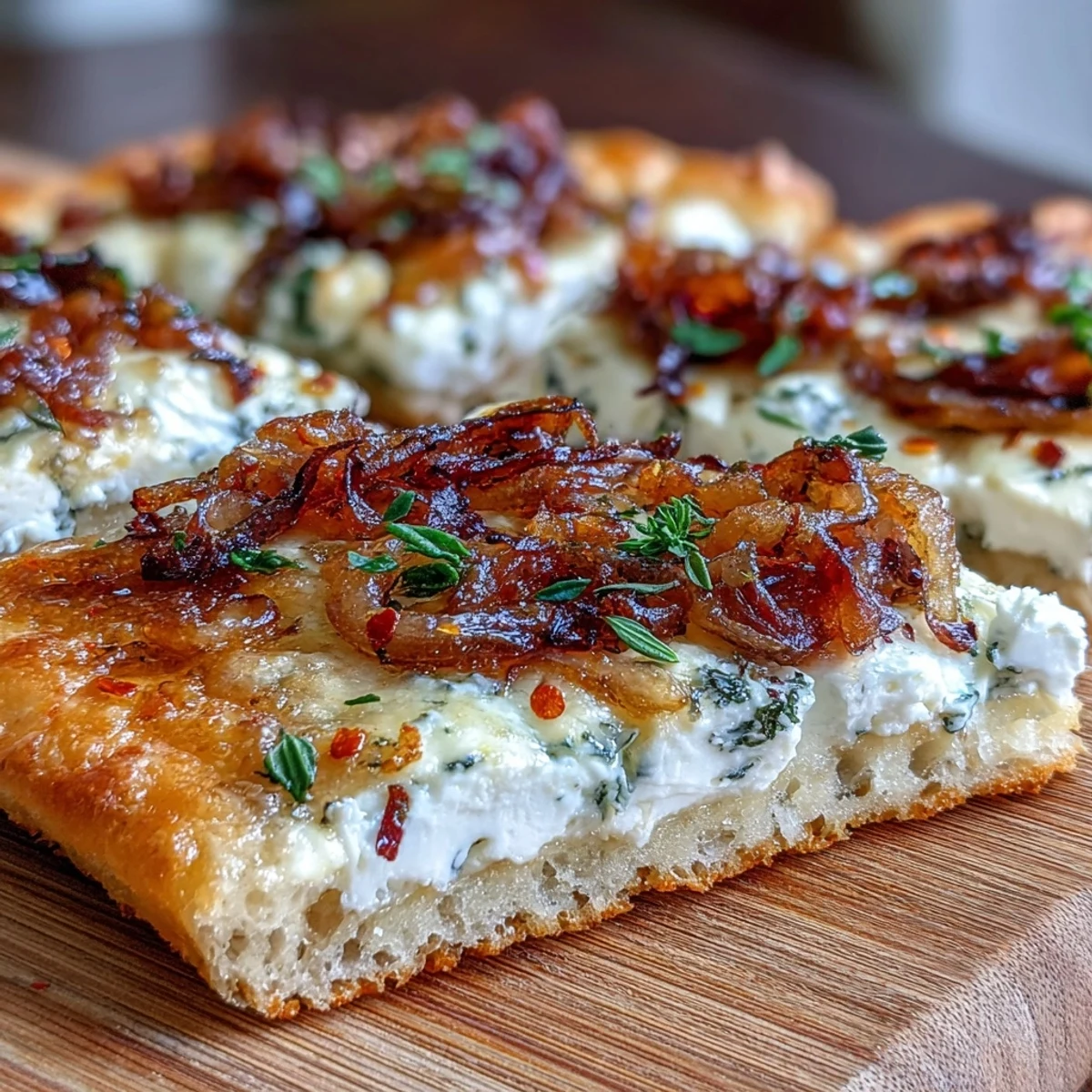 Freshly baked goat cheese & caramelized onion flatbread served warm with arugula on a rustic wooden board.