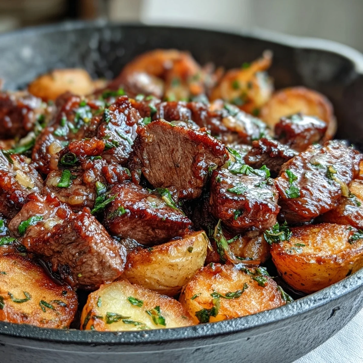 Garlic Butter Steak & Potato Skillet with seared steak bites and golden potatoes in a sizzling garlic butter sauce.