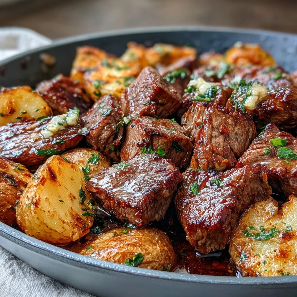 A close-up of the skillet meal, garnished with fresh parsley and ready to serve for a hearty dinner.