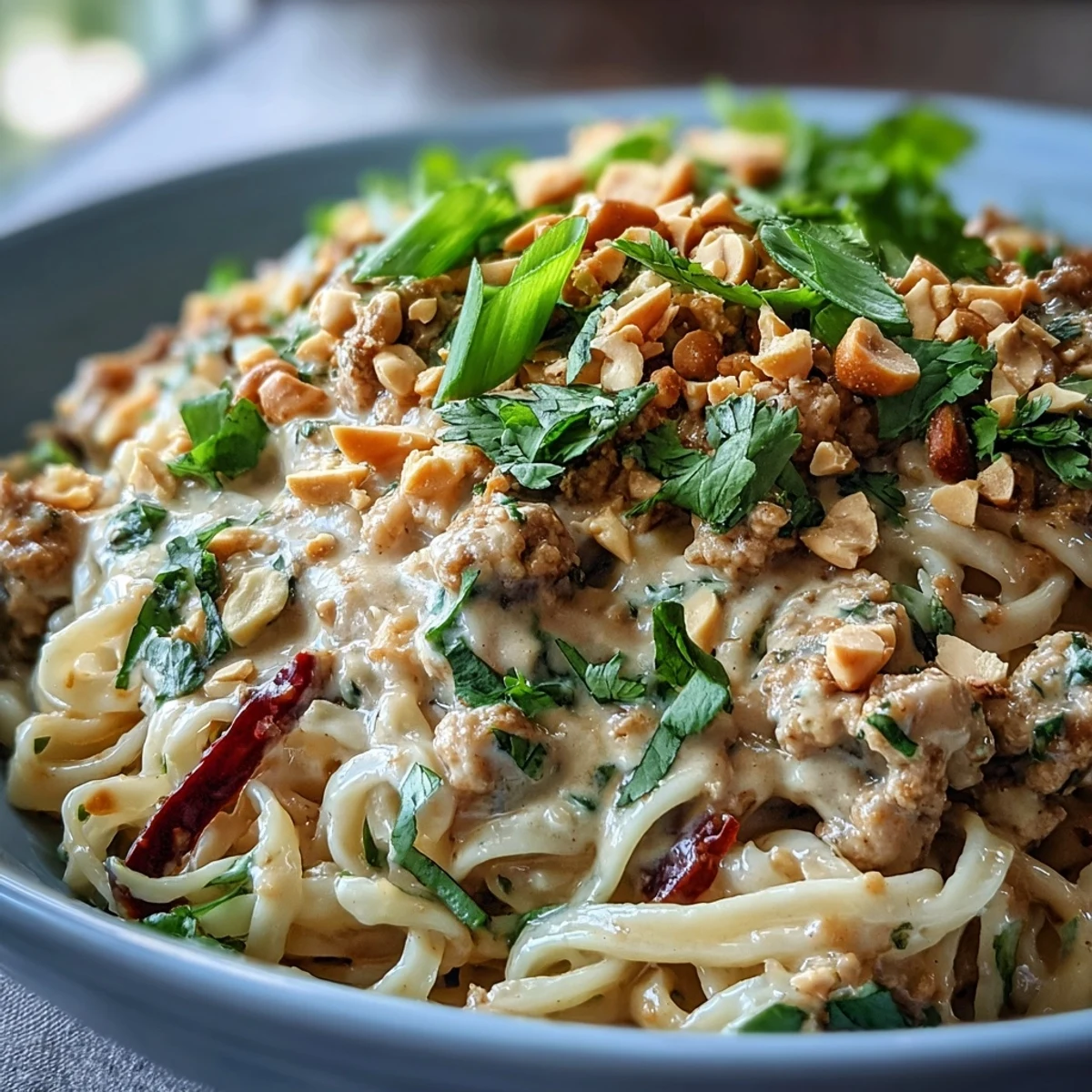 Creamy Thai-Inspired Peanut Noodle Bowls served in a white bowl with fresh cilantro, chopped peanuts, and lime wedges, highlighting the rich, savory sauce.