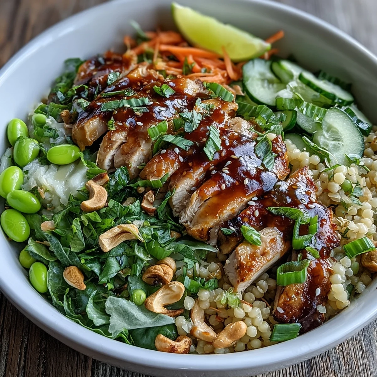 Freshly baked sliced chicken rests atop warm pearl couscous tossed with a vibrant sesame ginger dressing, cucumber, carrots, and herbs.