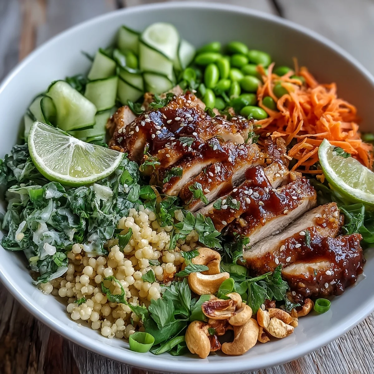 Tender chicken and fluffy couscous bowls drizzled with a zesty sesame ginger dressing, garnished with edamame, green onions, and fresh cilantro.
