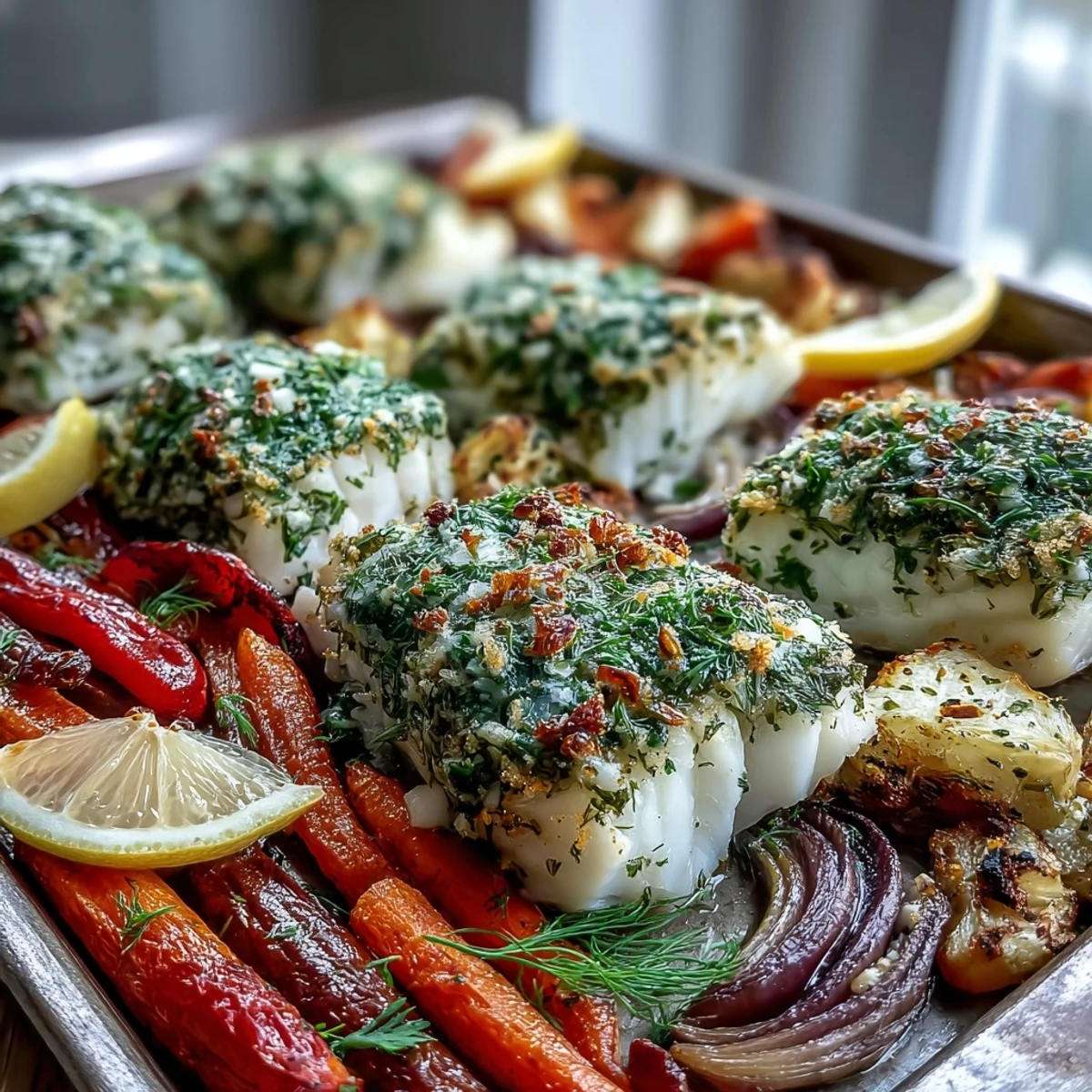 Herb-Crusted Baked Cod with Roasted Vegetables served golden and flaky on a plate.