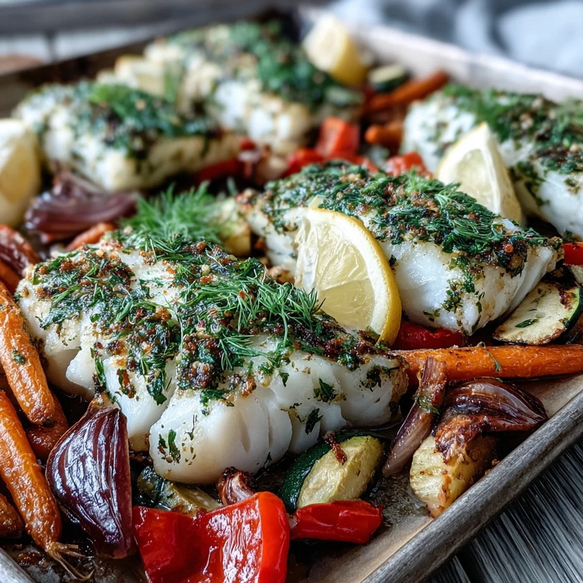 Freshly chopped herbs top the moist cod beside vibrant roasted zucchini and carrots.