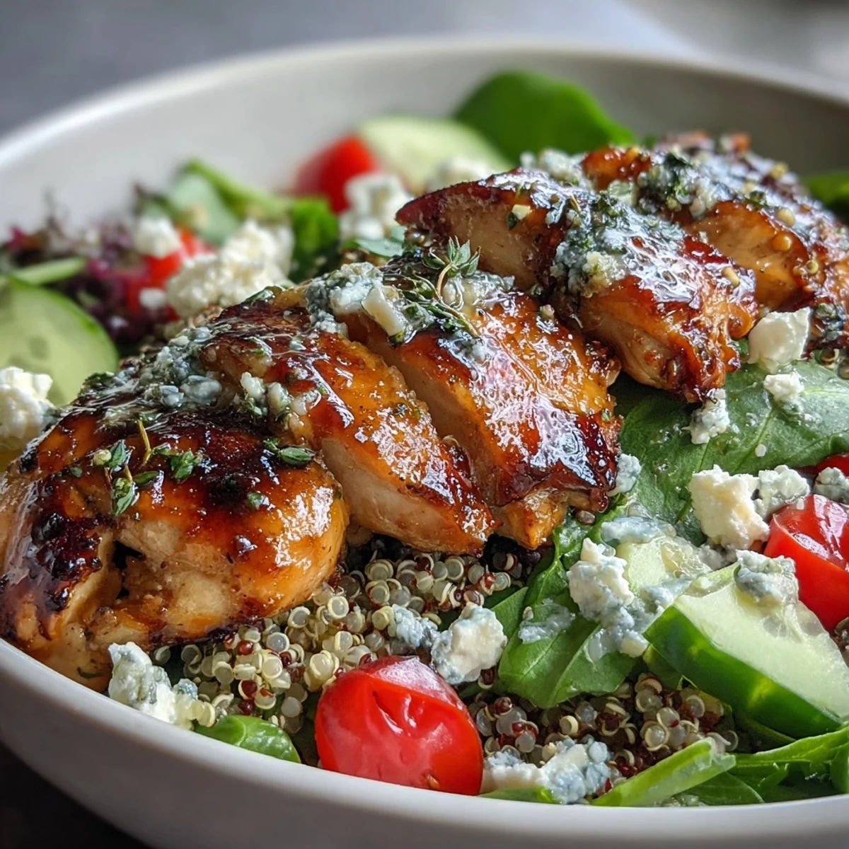 Juicy lemon herb grilled chicken slices rest on fluffy quinoa, spinach, tomatoes, and cucumber in a bright serving bowl.